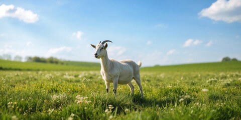 Fototapeta premium A goat standing in a grassy field during daytime, rural animal habitat, World Animal Day