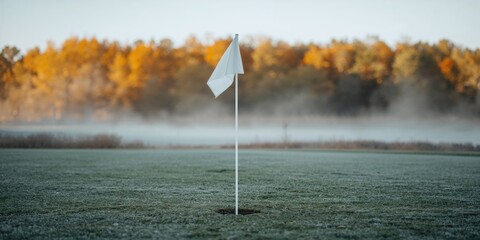 Close-up of a white golf flag on a frosted course with golden autumn trees in the background, seasonal change
