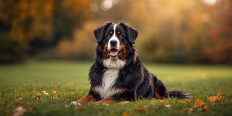 Bouvier Bernese mountain dog portrait outdoors, focusing on natural coat and outdoor setting