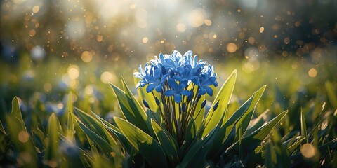 Gentian flowering plant in sunlight, emphasizing plant's growth in spring with lush green leaves and pollen, outdoor natural environment