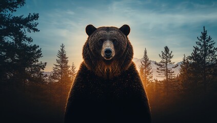Fototapeta premium Sunset over a forest with bears and pine trees, highlighting wildlife habitat and seasonal transition