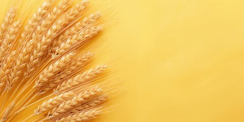 Fototapeta premium Golden wheat and rye ears, dry yellow cereals spikelets on yellow background, used for agricultural research, World Food Day