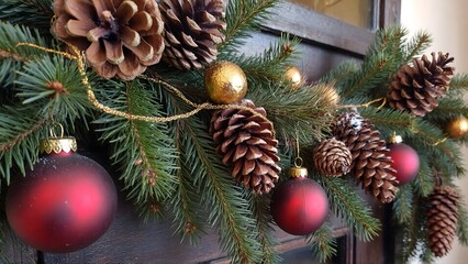 A beautiful christmas garland adorned with red baubles, natural pine cones, and gold details