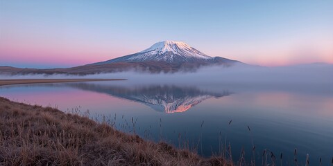 Dawn in the mountains with snow-capped peaks reflected in a still lake, highlighting natural landscape and seasonal transition