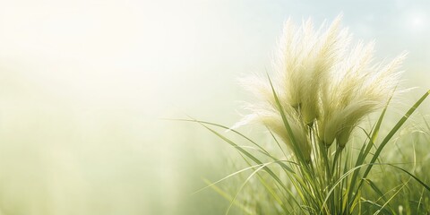 Fototapeta premium Miscanthus sinensis plant on light green background used as a natural backdrop for botanical layout and design, environmental awareness day