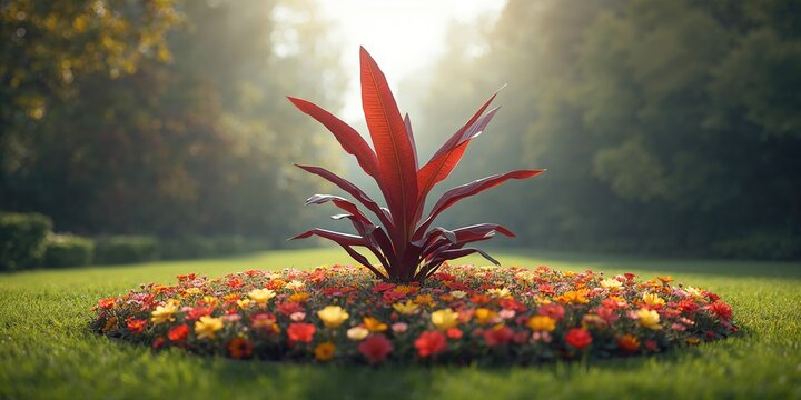 Vibrant flower bed with a red Abyssinian banana in the middle, serving as a decorative element in park landscaping, Earth Day