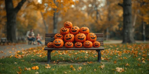 Autumn scene with colorful clay pumpkins on a park bench, capturing the festive mood and humorous faces, Halloween