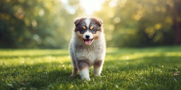 Pomsky puppy with striking blue merle coat and vivid blue eyes in a grassy outdoor setting, highlighting youthful energy,