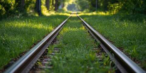 Close-up of tram track rails surrounded by dense green grass, urban infrastructure integration