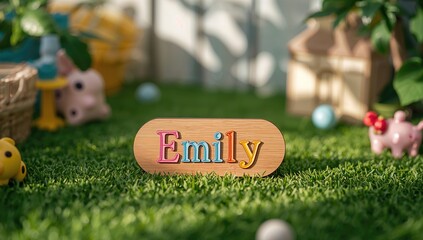 Brightly painted wooden name tag for children, designed for labeling belongings or personal items, educational setting