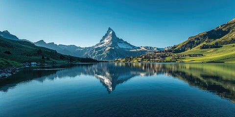 Scenic view of a mountain reflecting in a lake near a town in Switzerland, seasonal landscape changes