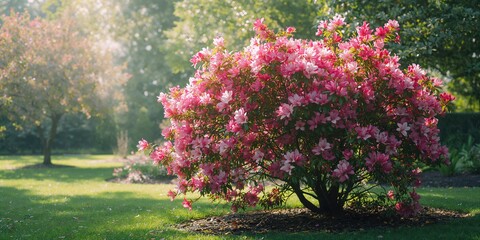 Naklejka premium Azalea bush in South Carolina, illustrating ornamental shrubbery in a regional garden setting