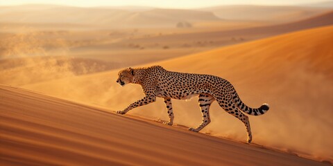 Cheetah resting on sandy terrain, highlighting predator stealth and desert habitat, Earth Day