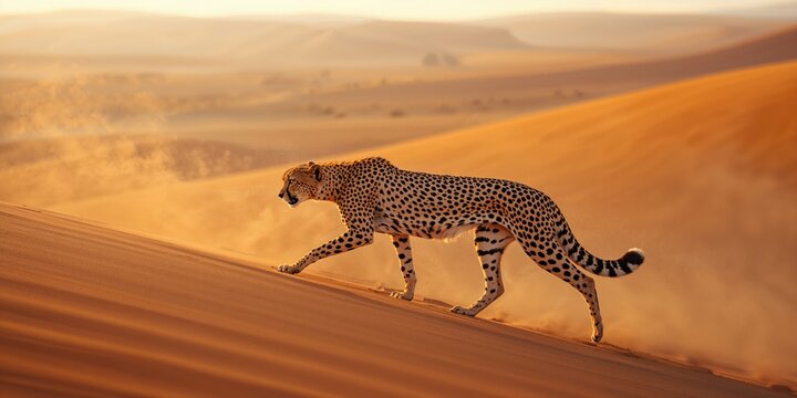 Cheetah resting on sandy terrain, highlighting predator stealth and desert habitat, Earth Day