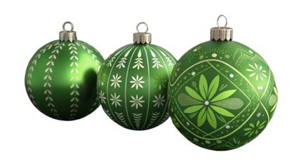 Three green Christmas ornaments isolated on transparent background
