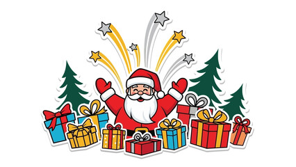 Joyful Santa Claus surrounded by colorful Christmas presents and festive stars.