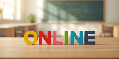 Colorful wooden words for marketing concepts arranged online, used as a visual background for business communication