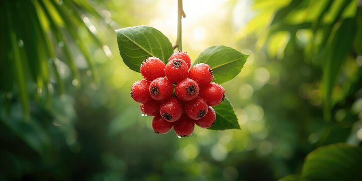 Fresh antidesma thwaitesianum berries with green foliage, useful as natural food sources or for botanical study