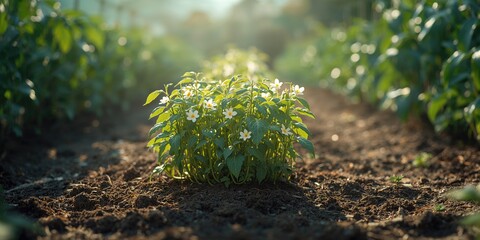 White-flowered climbing beans on lush green stems, highlighting organic vegetable cultivation, World Food Day