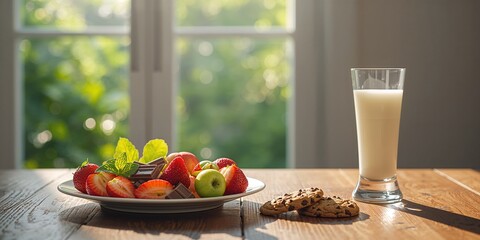 Morning breakfast featuring cookie, fresh fruits, and milk, focusing on nutritious foods, natural ingredients, World Food Day