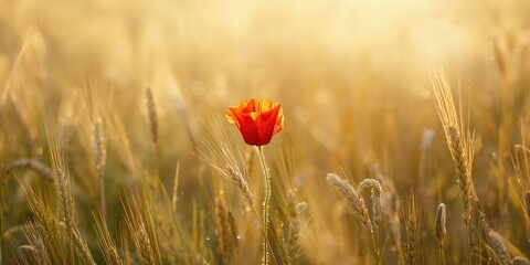 Fototapeta premium Bright red poppy in a cereal field, seasonal floral growth during harvest season