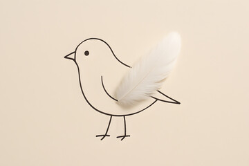 A minimalist line drawing of a bird in profile with a white feather on its back standing on two legs against a beige background with simple details