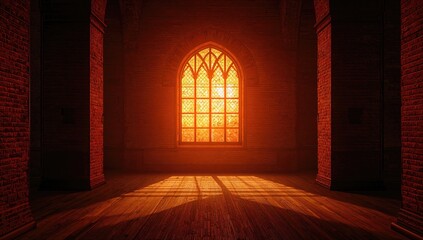Fototapeta premium Interior of a church hall featuring a brick wall and vibrant orange stained glass window, used for religious gatherings