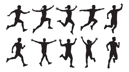 A collection of diverse silhouettes depicting dynamic running and jumping poses