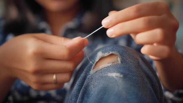 Close-up of a womans hands mending a torn pair of blue jeans with a needle and thread, demonstrating repair and sustainability.