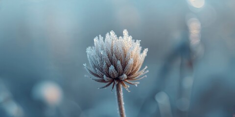 Close-up of a wildflower with frost and ice crystals in morning light, natural seasonal change