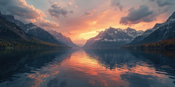 Serene mountain landscape at dusk with still waters reflecting rugged peaks, ideal for natural scenery backgrounds