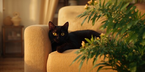 Domestic black cat with bright yellow eyes lying on a sofa beside a houseplant, focusing on pet relaxation and natural decor