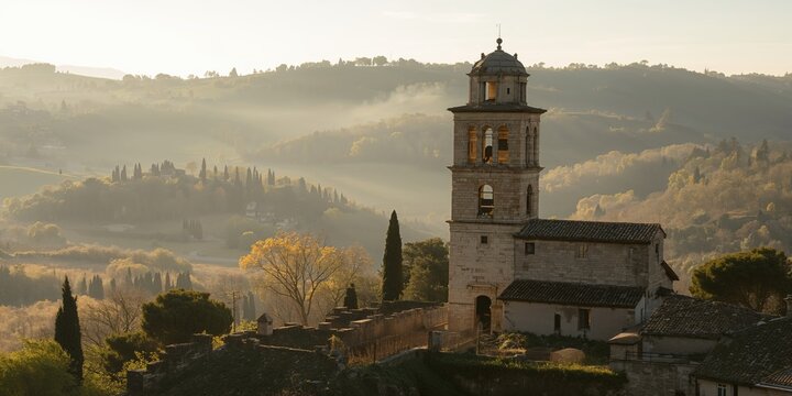 Ancient abandoned bell tower in a village setting, highlighting historical preservation efforts - Powered by Adobe