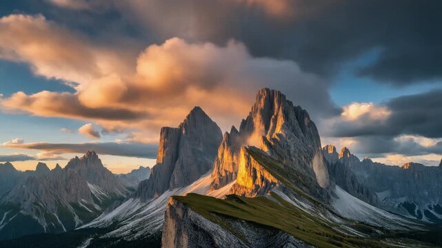 Stunning Sunset Over Seceda Peaks in Dolomites, Italy.