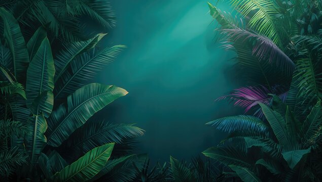 Blue green purple foliage background featuring dense jungle with broad leaves, ideal for editorial header backgrounds, Earth Day