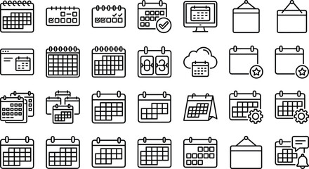 Massive black and white calendar line icons set for business scheduling, time management, appointment planning, meeting organization, events, and task tracking interface