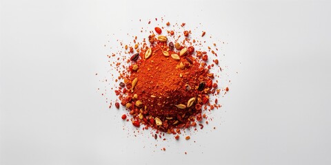 Pile of crushed red cayenne pepper, dried chili flakes and seeds isolated on white background, focusing on spice ingredients