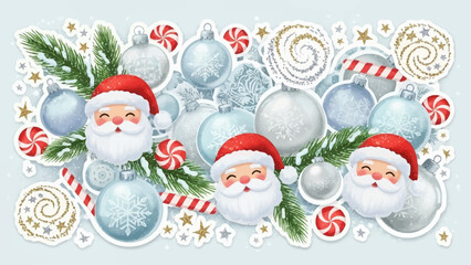 Cute Santa Claus faces with Christmas ornaments and pine branches.
