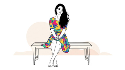 Colorful black-outline art of a woman sitting gracefully on a bench wearing a vibrant knee-length dress