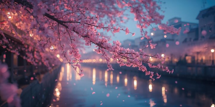 Nighttime scene of cherry blossoms reflected in a river, suitable for nature or seasonal display backgrounds
