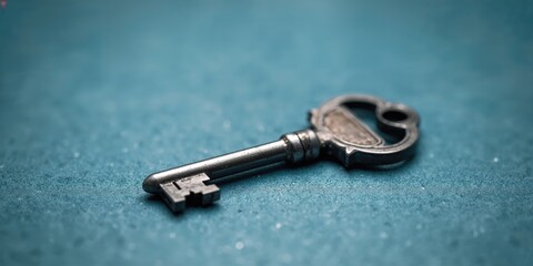 Gray iron key with a black plastic handle resting on a blue table surface, manual maintenance tools