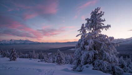 Dusk in winter setting with soft illumination on snow-covered terrain, seasonal change