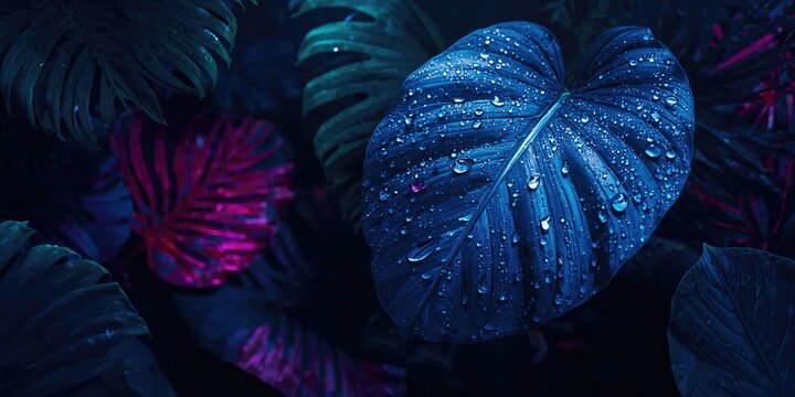Neon-themed tropical foliage layout featuring a navy blue leaf with dew, macro view on dark leafy background, used in UI backgrounds