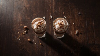 Two glasses of chocolate coconut hazelnut milkshake or smoothie on table, highlighting plant-based drink options for dietary choices