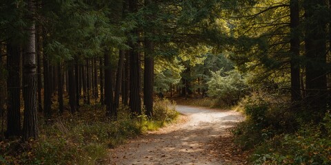 Fototapeta premium Pine forest pathway under canopy, ideal for outdoor recreation and trail maintenance