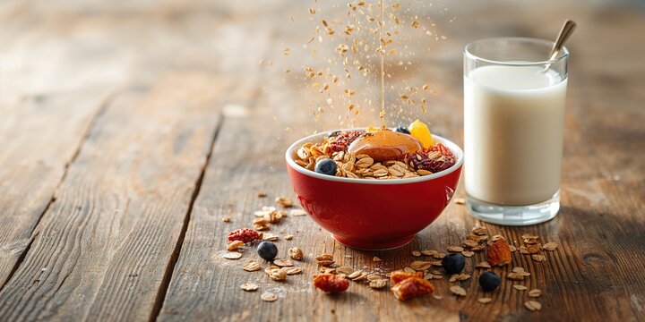 Close-up of breakfast cereals and milk on wooden table, healthy energy intake for morning routines - Powered by Adobe