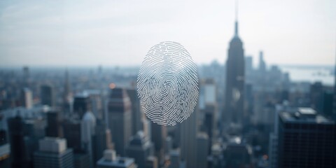Multi-exposure image of a virtual graphic fingerprint overlaying a blurred city skyline, used as a digital security background