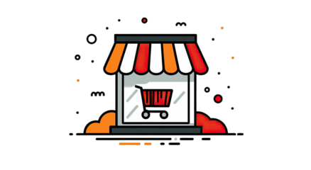 Flat illustration of a storefront with a shopping cart inside, on a dark background