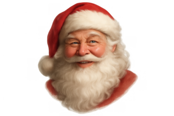 Santa claus head portrait smiling, wearing red hat with white fur, representing christmas holiday spirit, transparent background