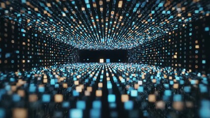 Abstract digital tunnel with glowing blue and orange binary code data stream moving forward into darkness - Powered by Adobe